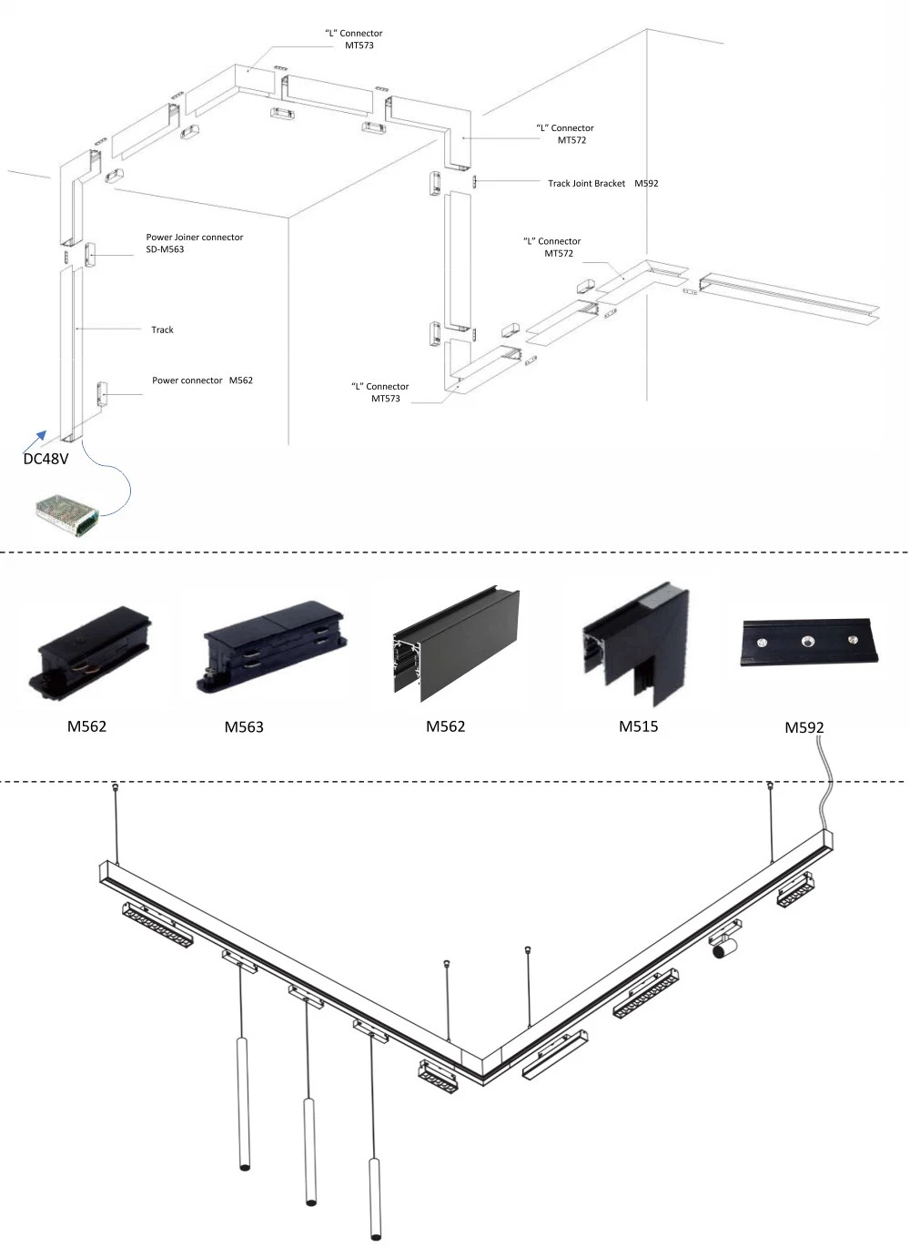 DC48V Magnetic Track Lights Magnet Linear Aluminum Ceiling Recessed Suspended Creative 0.5m 1m 2m 3m LED Magnetic Lights Tracking Rail Lighting Industrial